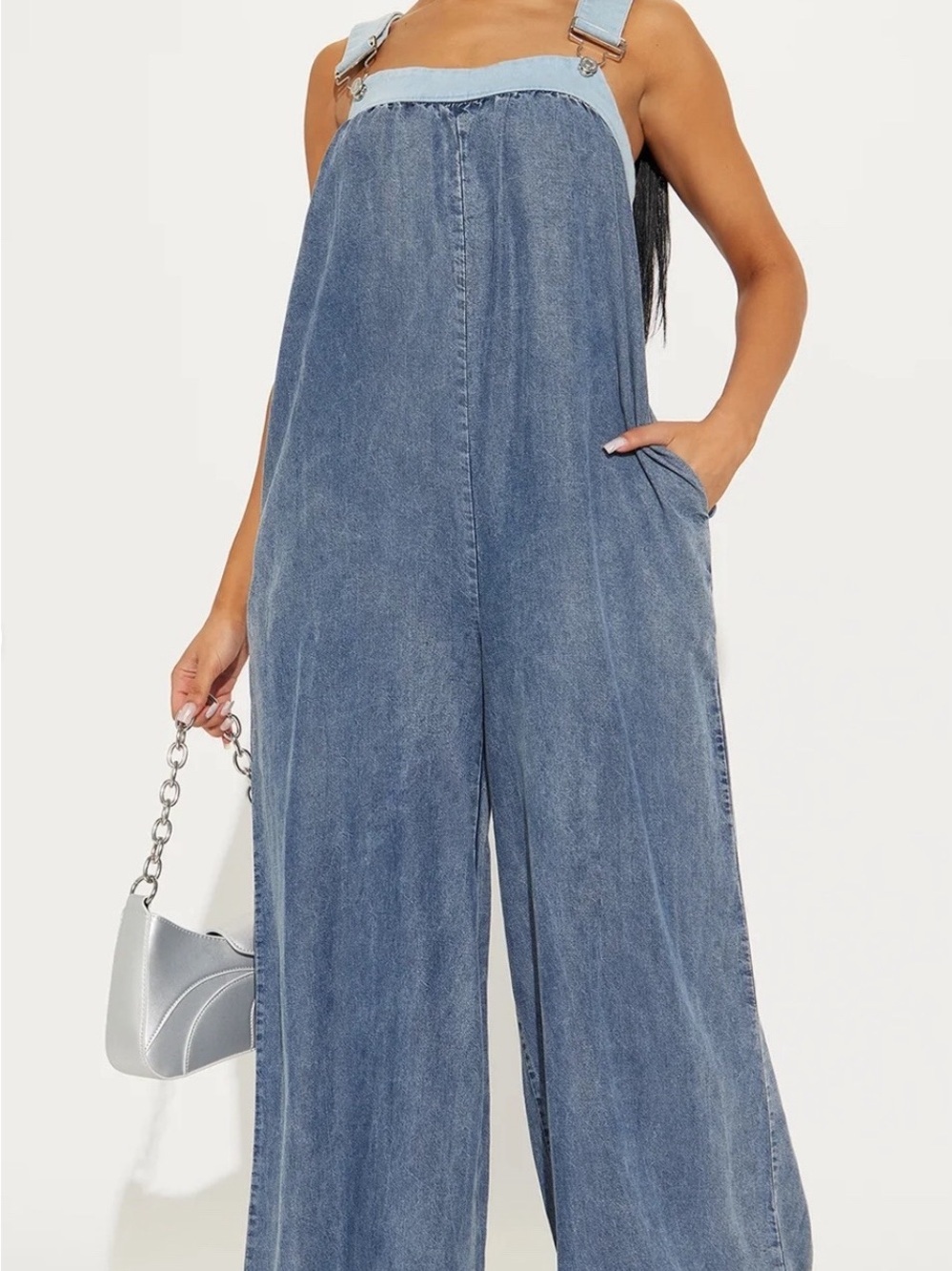 Fashion Nova Two-Tone Blue Wide-Leg Denim Overalls